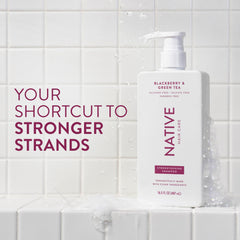 Native Strengthening Shampoo label close-up highlights vegan and sulfate-free features