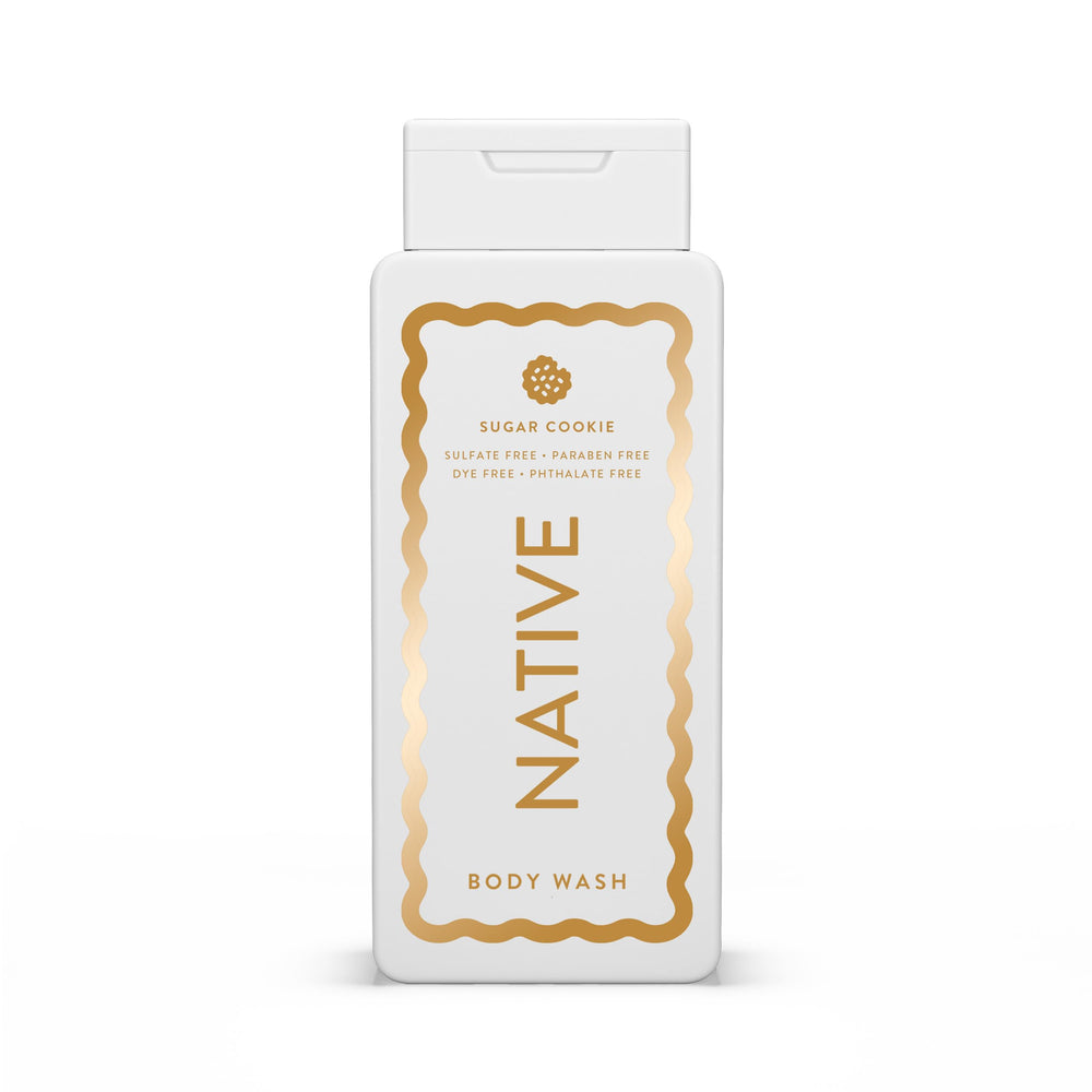 Native Sugar Cookie body wash bottle showing festive scent and rich lather.