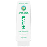 Native Sunscreen Lotion front label highlights pear and coconut water scent for daily use.