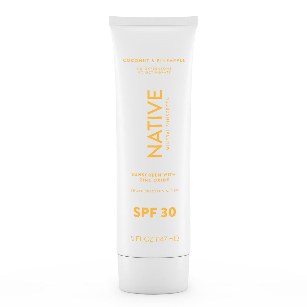 Native Sunscreen SPF 30 tube close-up shows protection for sensitive skin.