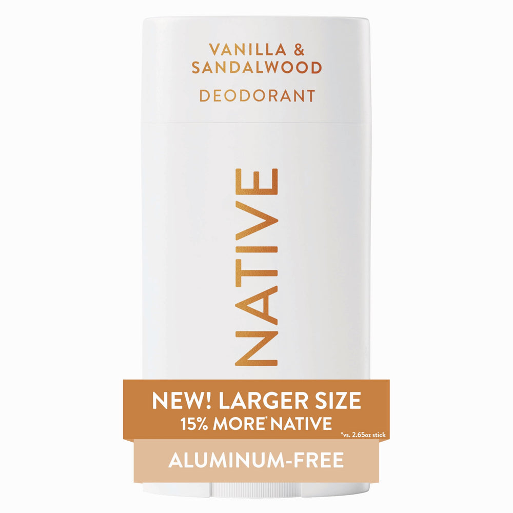 Native Vanilla Sandalwood deodorant stick with sleek packaging and inviting aroma.