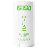 Native Whole Body Deodorant Stick cucumber mint pack shot showing lasting freshness