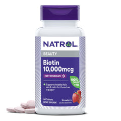 Natrol Biotin 10000mcg fast dissolve bottle for convenient daily beauty support