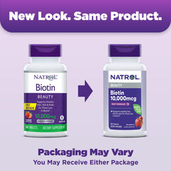 Close-up of Natrol Biotin 10000mcg label highlighting strength and flavor