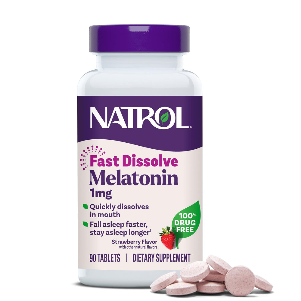 Natrol fast dissolve melatonin 1mg tablet close-up showing quick sleep support.