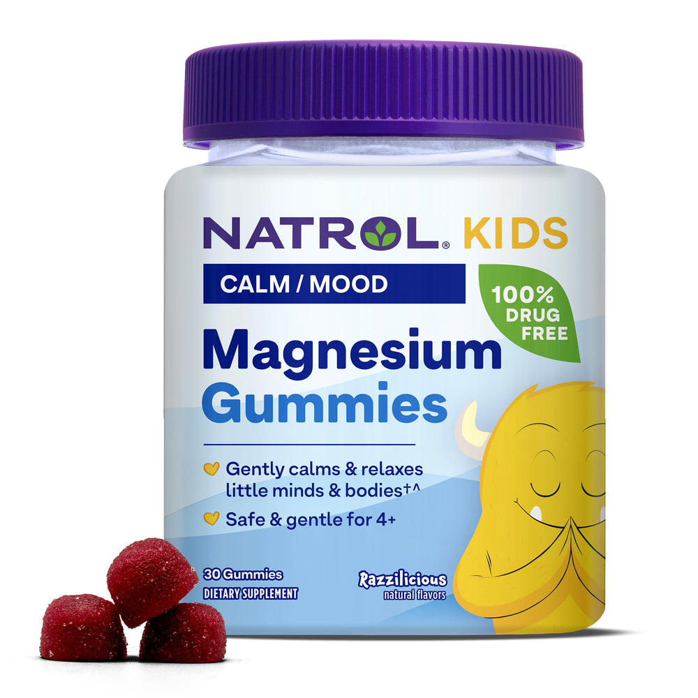Natrol Kids Magnesium Citrate Gummies bottle front, tasty daily support for calm and relaxed evenings.