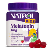 Natrol Kids Melatonin bottle with raspberry gummies for gentle, restorative sleep support.
