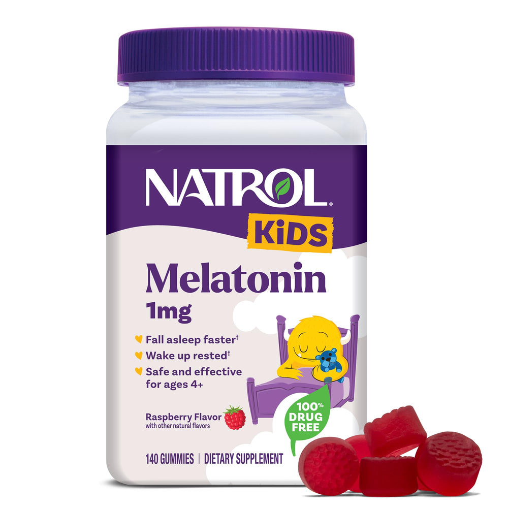 Natrol Kids Melatonin Raspberry Gummies bottle sits on a nightstand for smoother bedtimes.