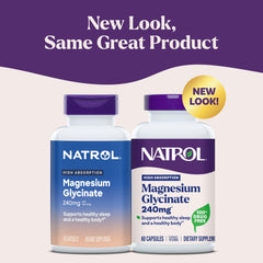 Natrol capsules closeup showing gentle stomach-friendly magnesium glycinate