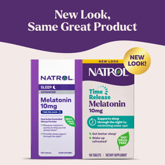 Natrol Melatonin 10mg time-release label close-up shows ingredients and benefits.