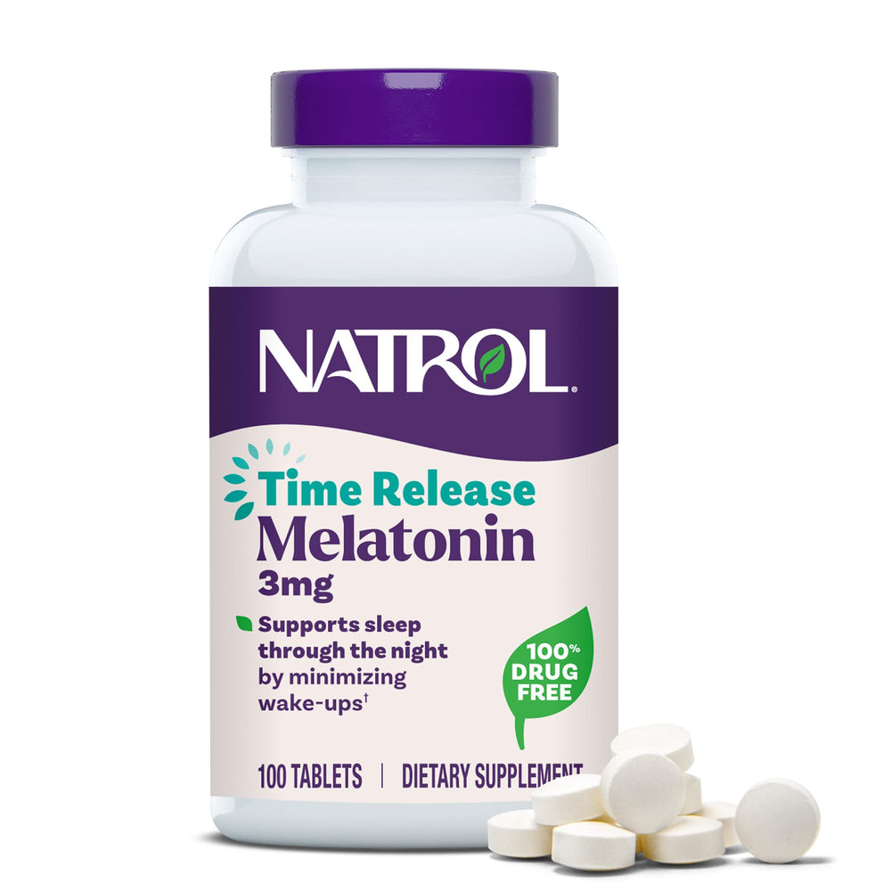 Natrol Melatonin 3 mg time-release tablet close-up with two-layer design for overnight support