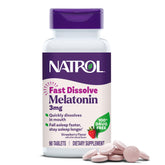Natrol melatonin fast-dissolve tablet in strawberry flavor, easy sleep support for adults.
