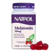Natrol melatonin gummies bottle close-up showing strawberry flavor for sleep support.