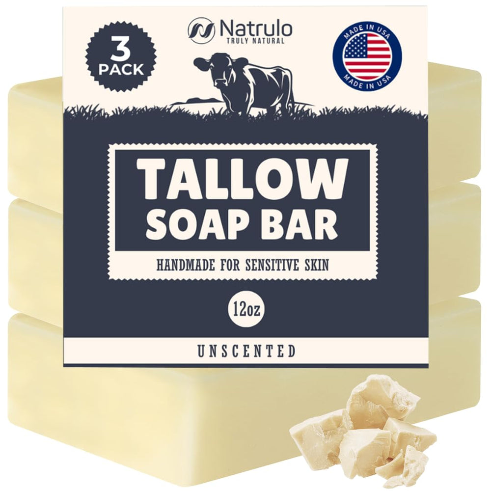 Natrulo beef tallow soap bar packaging highlights unscented, skin-friendly formula.