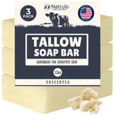 Natrulo beef tallow soap bar packaging highlights unscented, skin-friendly formula.