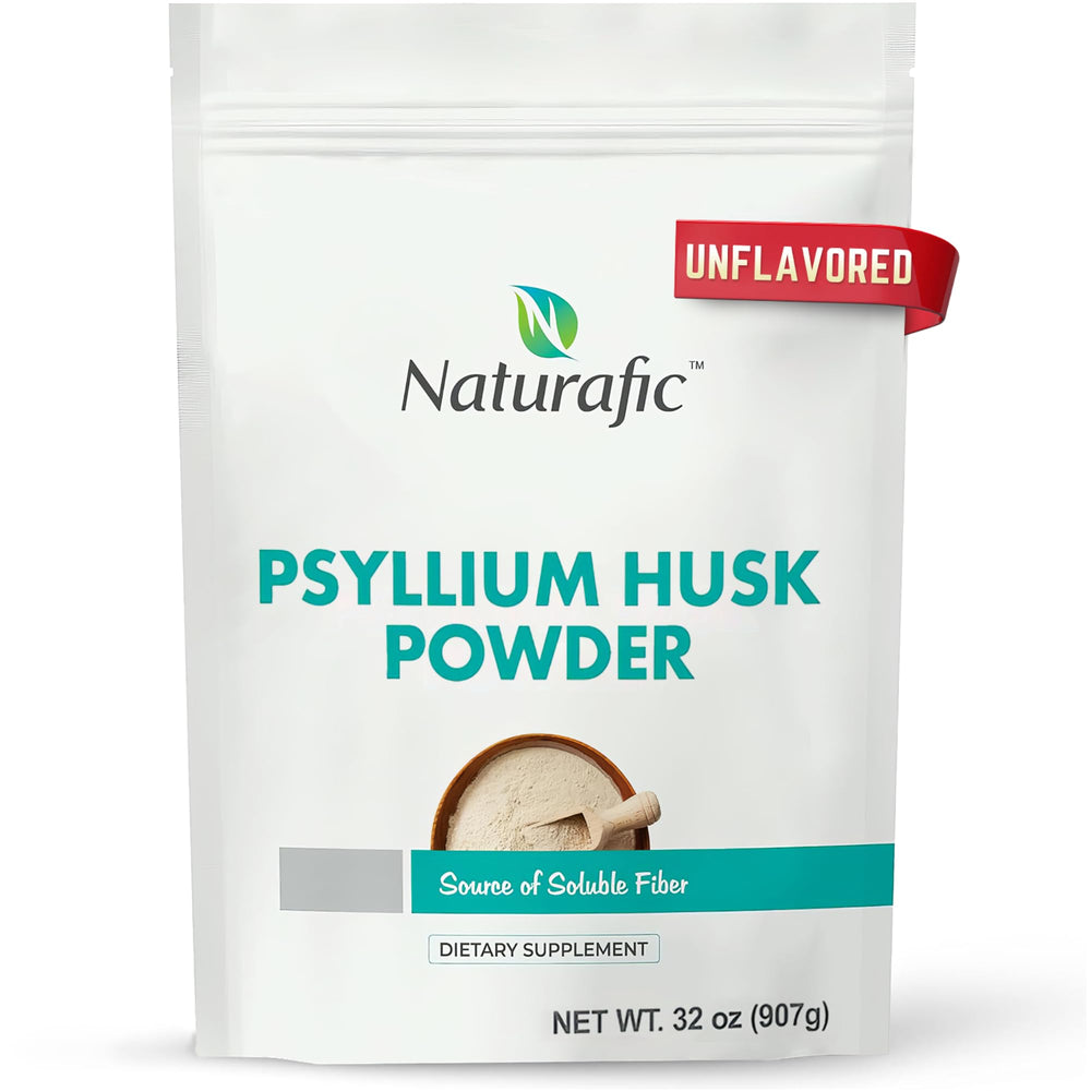 Naturafic Psyllium Husk Powder bottle pour showing product for smooth digestion