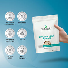 Naturafic Psyllium Husk Powder label close-up highlighting vegan and non-GMO