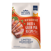 Natural Balance Duck and Green Pea Reserve kibble in bag for grain-free nutrition