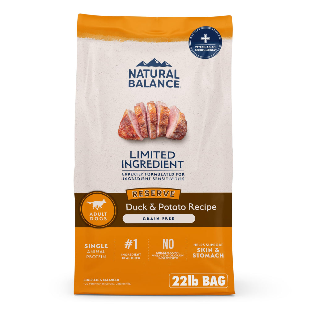 Natural Balance duck and potato recipe bag, 22‑pound packaging for adult dogs.
