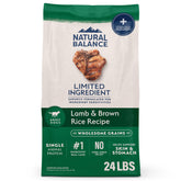 Natural Balance lamb-rice dry dog food 24lb bag front, premium protein for dogs.