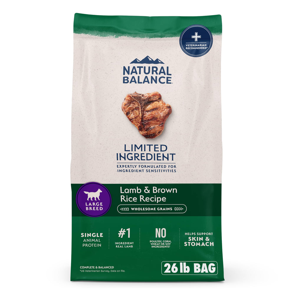 Natural Balance L.I.D. Large Breed Lamb & Brown Rice bag shows simple ingredients for digestion and muscle support