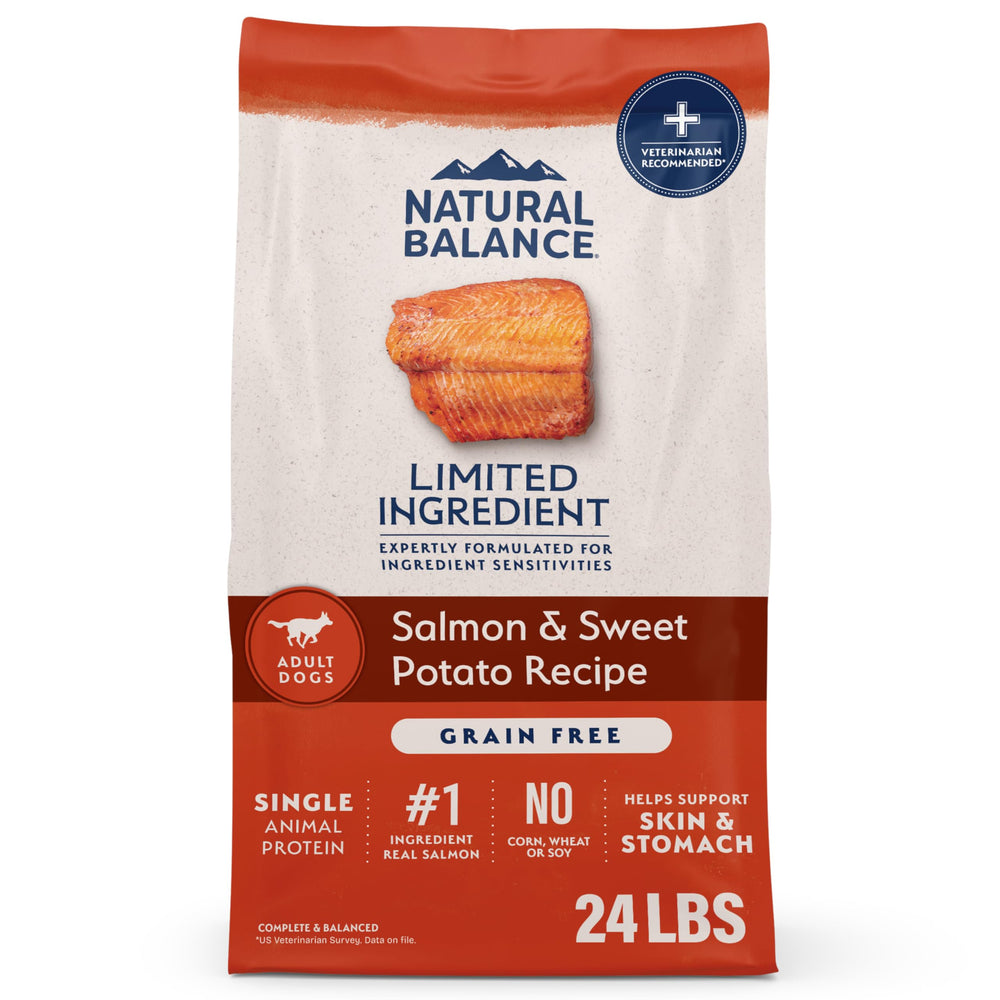 Natural Balance L.I.D. salmon kibble bag highlighting single-protein care for gentle digestion