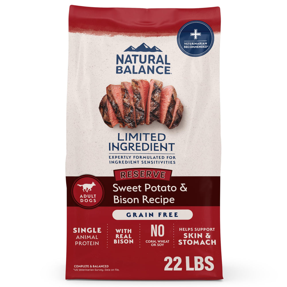 Natural Balance Limited Ingredient Bison bag front showing simple, sensitive-stomach friendly formula.