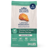 Natural Balance Limited Ingredient chicken-sweet-potato bag front shows grain-free formula with single protein