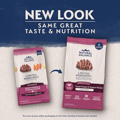 Natural Balance limited-ingredient formula label emphasizing single-protein venison