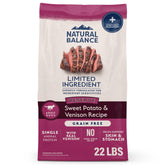 Natural Balance Reserve venison dry dog food bag highlights grain-free formula for sensitive stomachs.