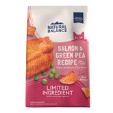 Natural Balance Salmon Green Pea kibble in a 4 lb bag highlighting grain-free recipe for digestive comfort