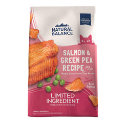 Natural Balance Salmon Green Pea kibble in a 4 lb bag highlighting grain-free recipe for digestive comfort