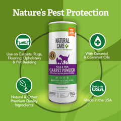 Natural Care powder on pet bedding providing plant-based protection