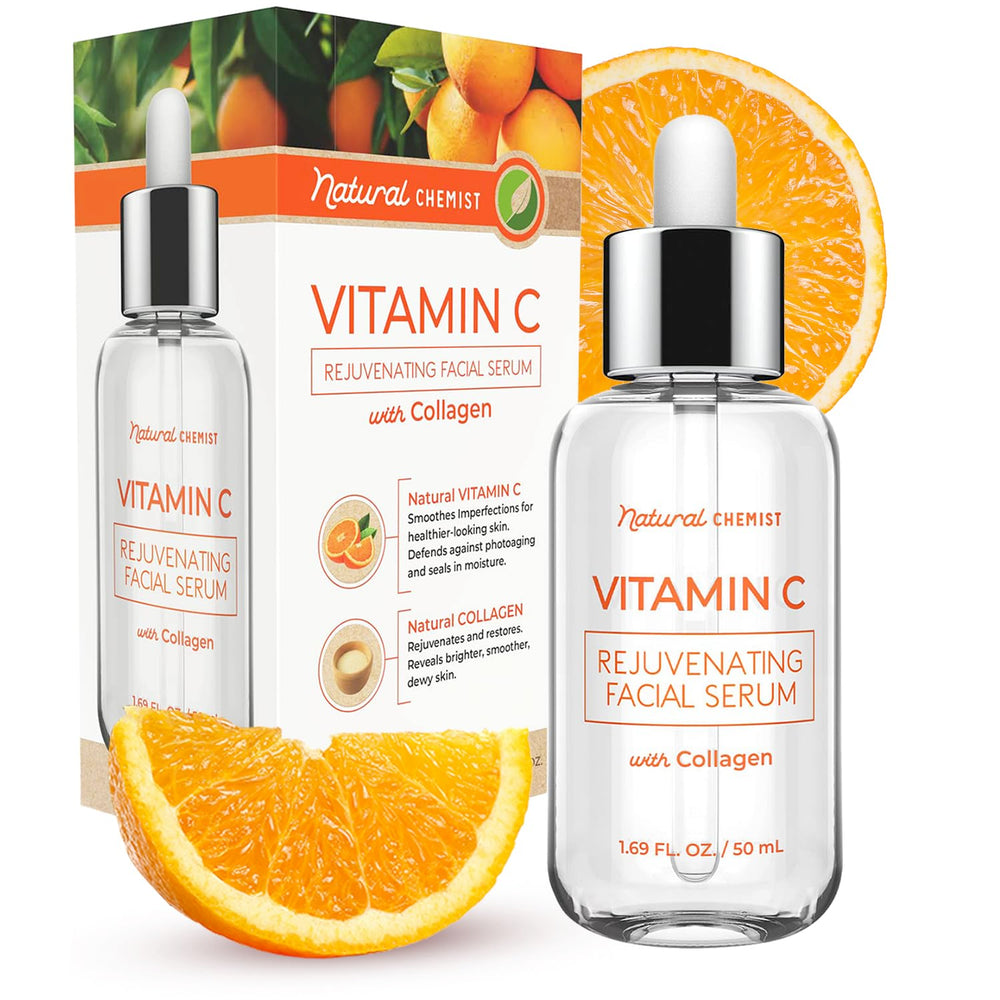 Natural Chemist Vitamin C Serum with Collagen bottle highlighting premium packaging.