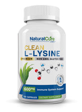 Natural Cure Labs Clean L-Lysine 600mg bottle with 120 capsules for daily vegan support