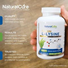 Close-up of Natural Cure Labs L-Lysine capsules highlighting vegan and gluten-free formulation