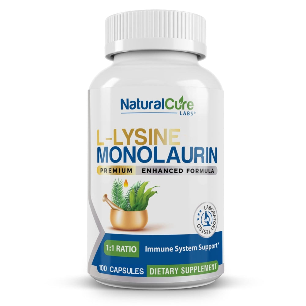 Natural Cure Labs L-Lysine with Monolaurin bottle front, 600 mg per serving.