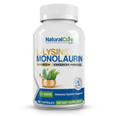 Natural Cure Labs L-Lysine with Monolaurin bottle front, 600 mg per serving.