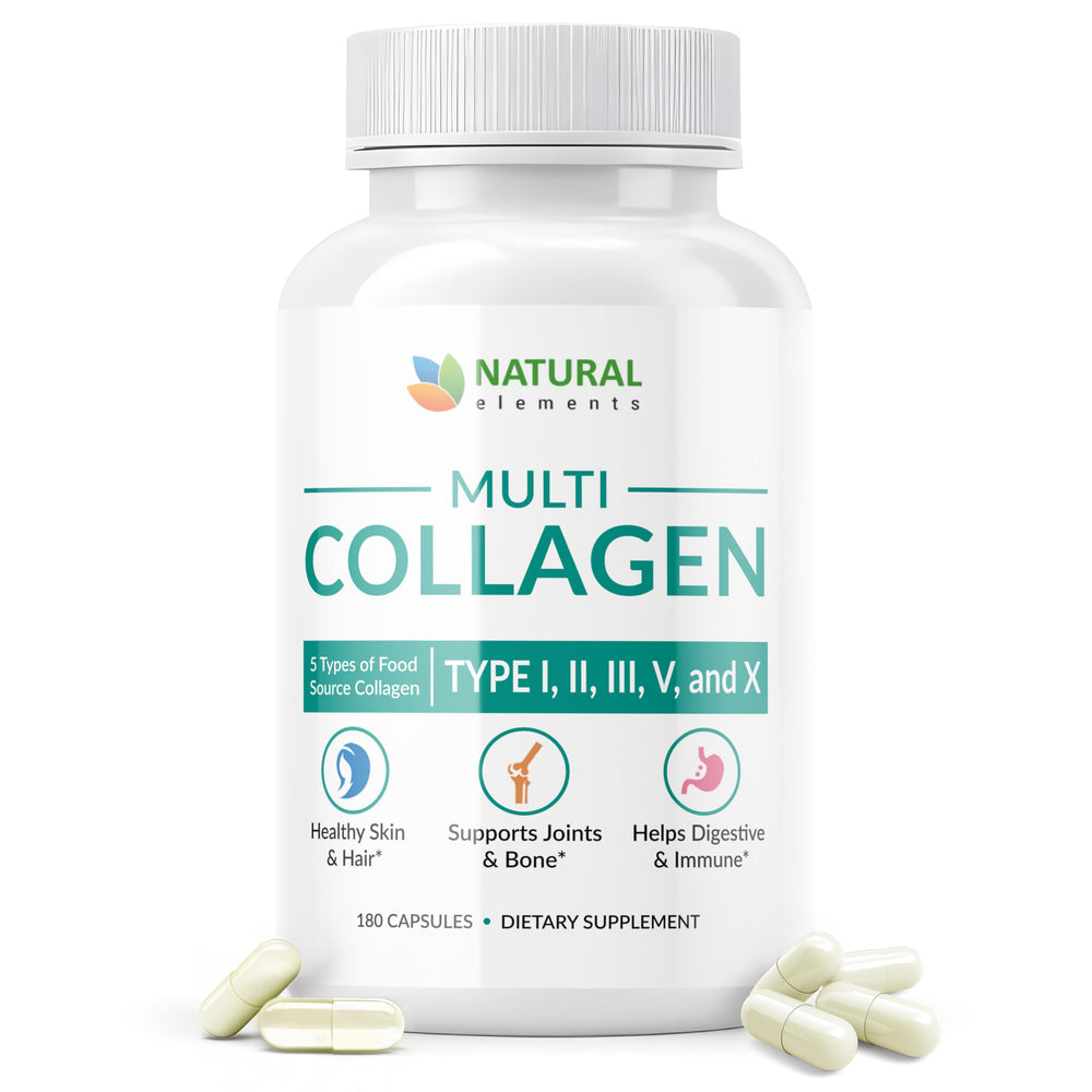 Natural Elements Multi Collagen bottle front, premium daily supplement for joints and skin support.