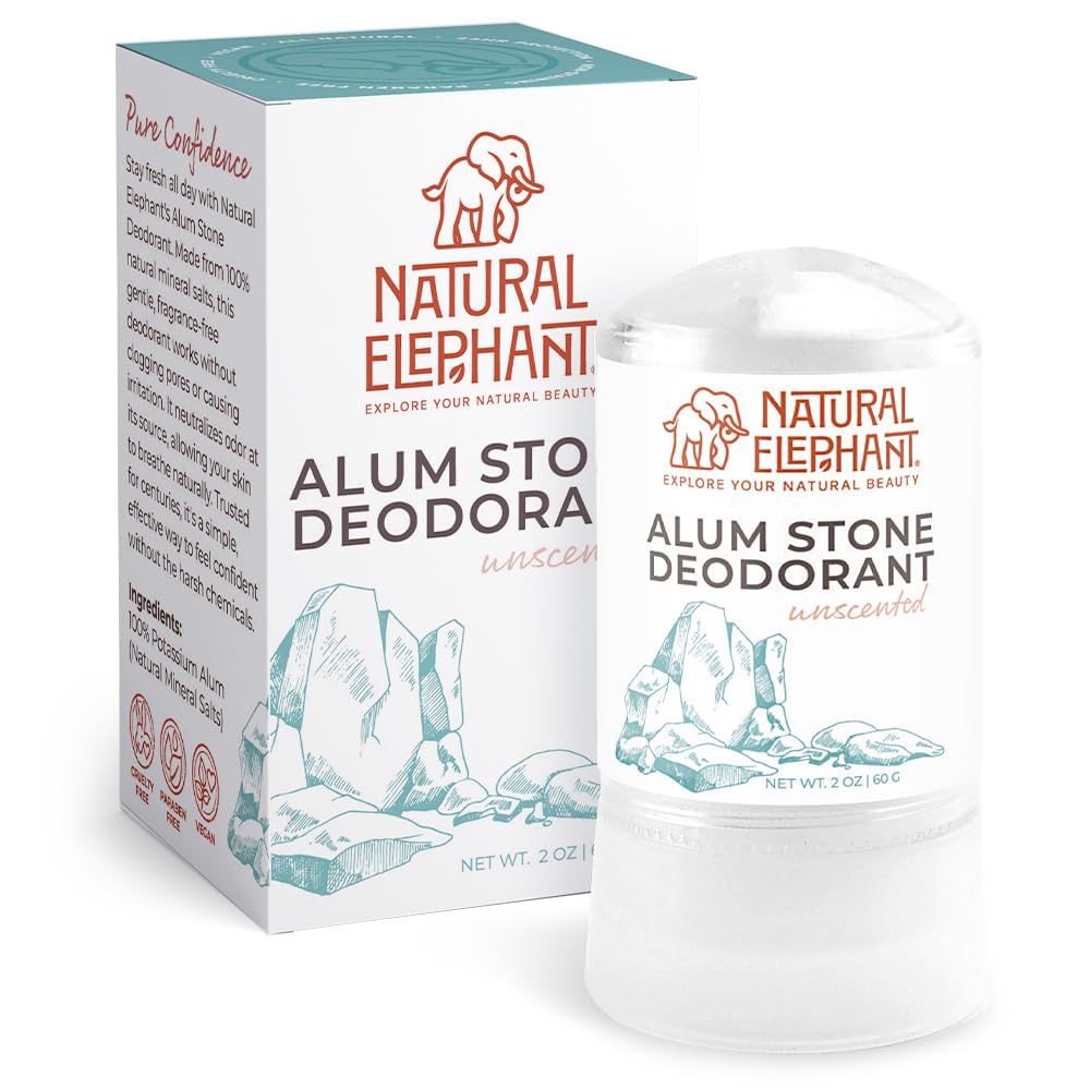 Natural Elephant alum stone deodorant stick 60g, compact and travel-ready.