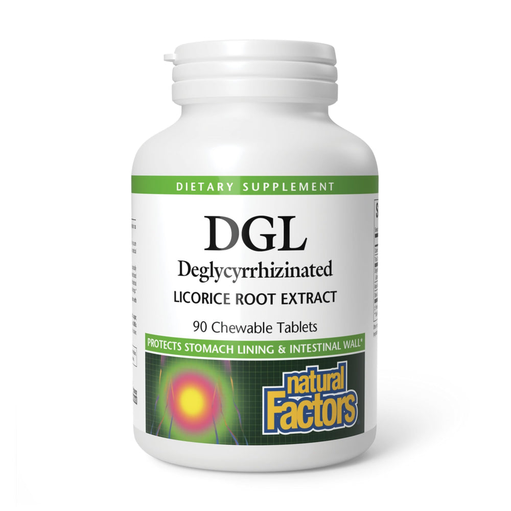 Natural Factors DGL chewables front-pack for on-the-go digestive support.