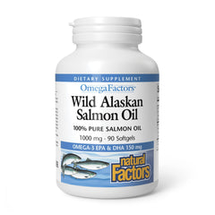 Natural Factors Omega Factors bottle shows wild Alaskan salmon oil offering daily heart and brain support.