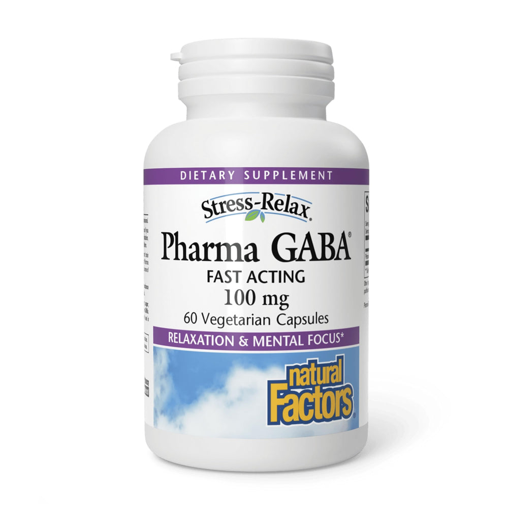 Natural Factors Pharma GABA bottle front showing calm sleep support messaging.