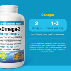 Natural Factors RxOmega-3 bottle spilled capsules illustrating convenience for daily use.