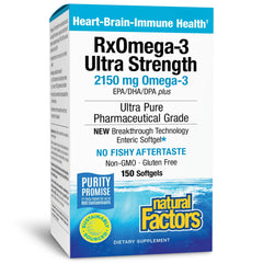 Natural Factors RxOmega-3 Ultra Strength bottle showing heart- and brain-supporting omega-3 softgels