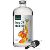 Natural Force Pure C8 MCT Oil bottle in glass supports keto-friendly fat intake.