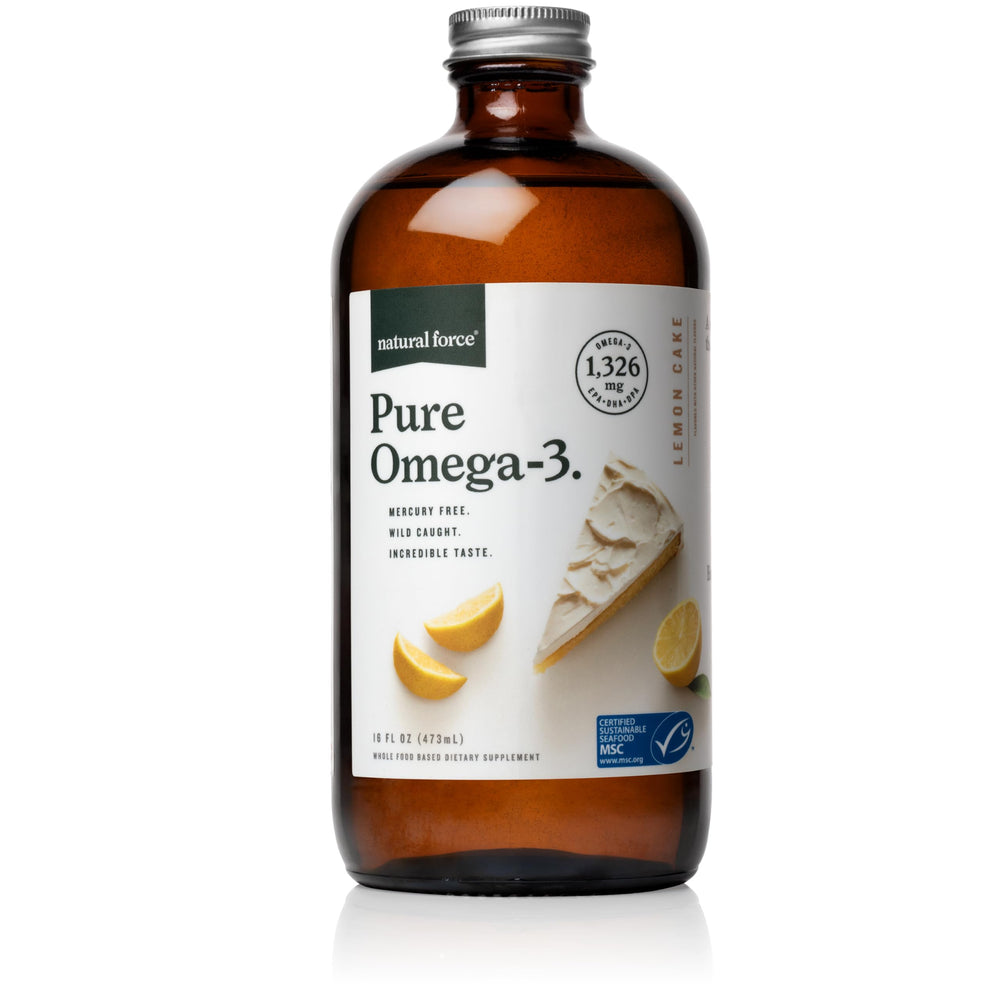 Natural Force Pure Omega-3 lemon cake bottle highlights mercury-free, sustainable omega-3.