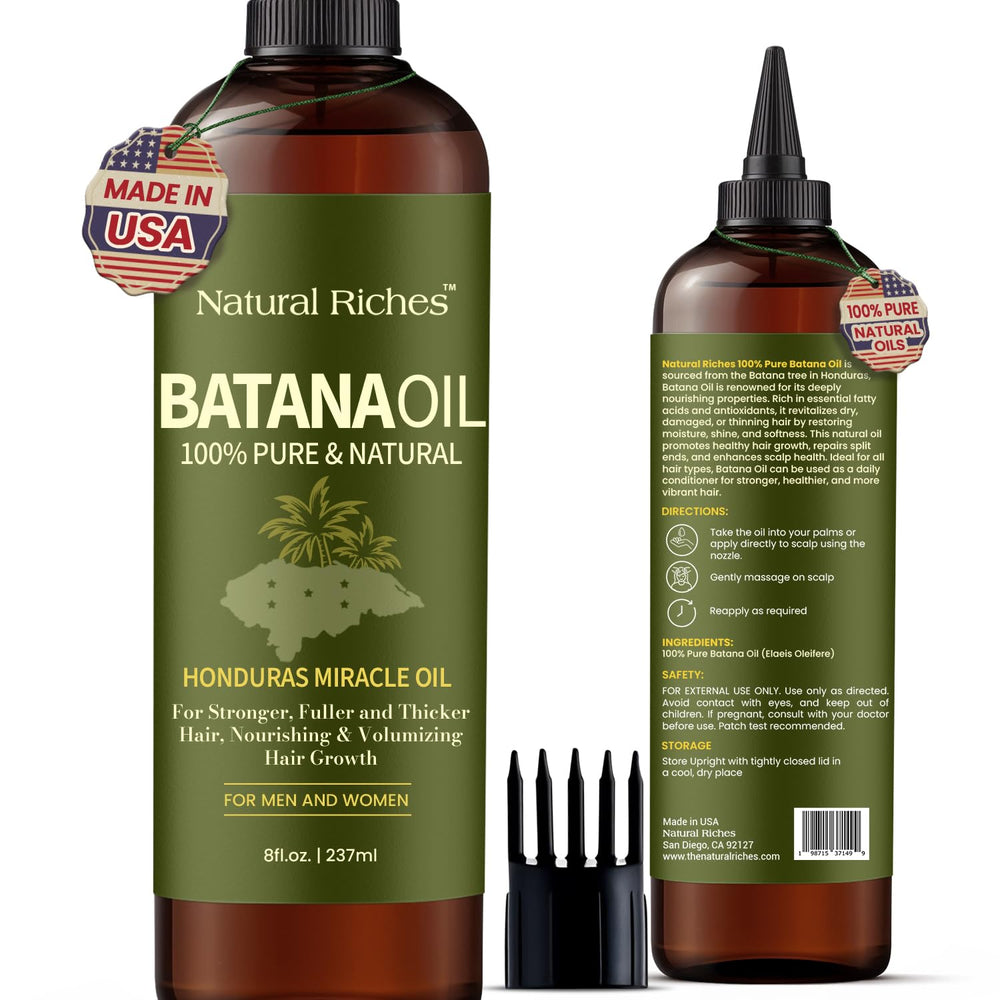 Natural Riches Batana Oil 8 oz bottle ready for easy scalp nourishment.
