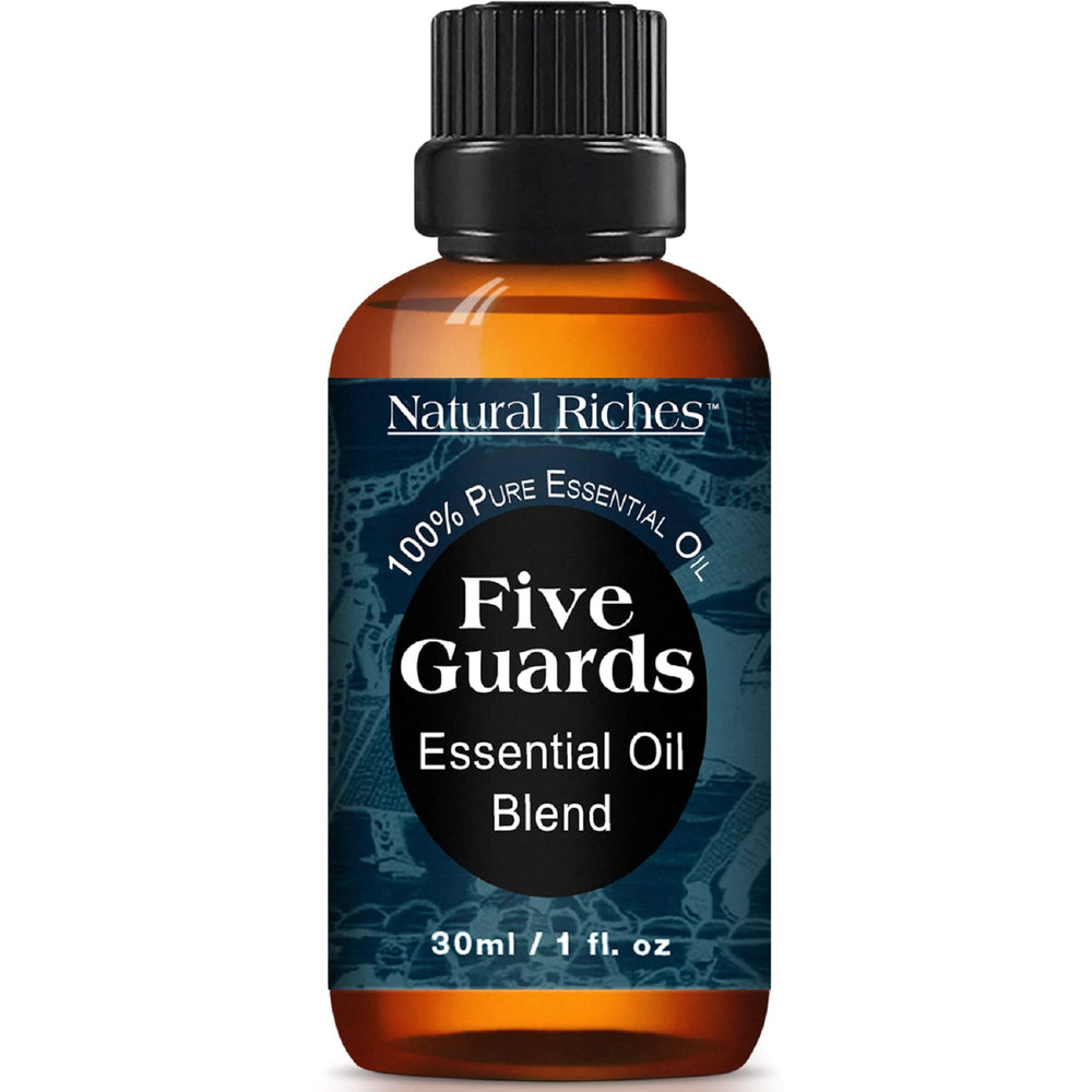 Natural Riches Five Guards bottle showcasing the blend for aromatherapy and fragrance enhancement