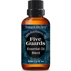 Natural Riches Five Guards bottle showcasing the blend for aromatherapy and fragrance enhancement